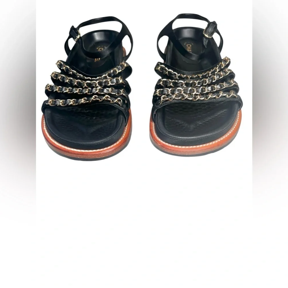 Chanel Satin Lambskin Chain Flat Sandals Black Leather Size 36
